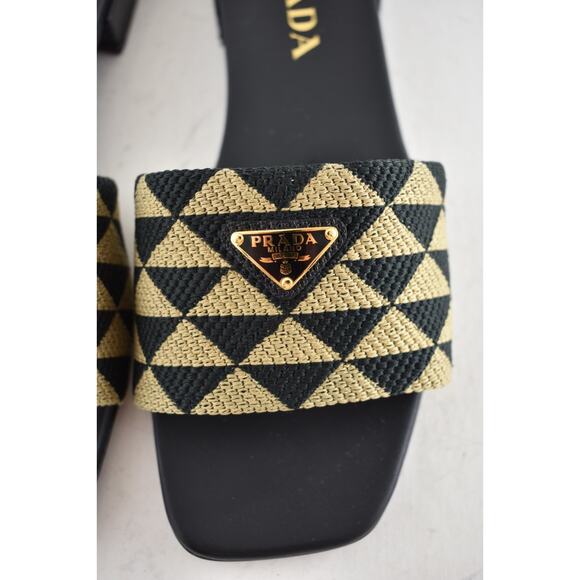 Prada Jacquard Triangle Logo Black Beige Tan Leather Slide Sandal Flat Mule 37.5 - Picture 11 of 16
